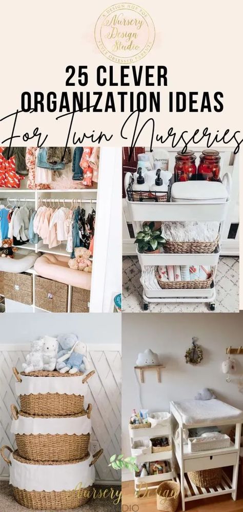 Ahead find 25 Clever Twin Nursery Organization Tips- to ensure your babies' haven is every bit as efficient as it is endearing. Twin Nursery Organization, Twin Nursery Room, Twin Girls Nursery, Shared Nursery, Twin Nursery, Pacifier Storage, Space Saving Hacks, Baby On A Budget, Changing Table Dresser