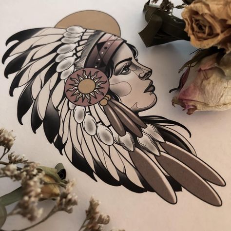 Female Indian Headdress Tattoo, Indian Princess Tattoo Native Americans, Neo Traditional Native American Tattoo, Native American Woman Tattoo Design, Tattoo Indien, Indian Headdress Tattoo, Indian Women Tattoo, Indian Girl Tattoos, Native American Tattoo Designs