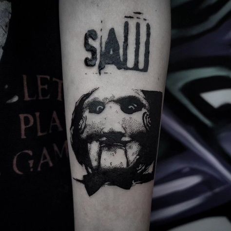 Saw Horror Tattoo, Horror Movies Tattoos, Saw Movie Tattoo, Saw Tattoo Jigsaw, House Of 1000 Corpses Tattoo, Saw Tattoo, Jigsaw Tattoo, Heartagram Tattoo, Horror Tattoo Ideas