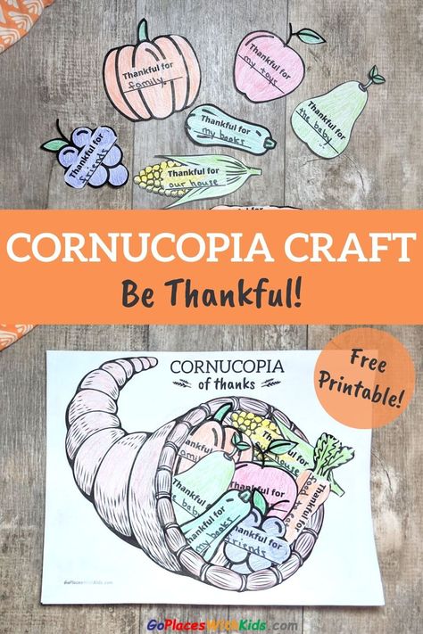 This easy cornucopia craft is a great way for kids to think of all that they are thankful for this Thanksgiving season! Write what you are thankful for on the fruit and vegetables and place them in the cornucopia. Free printable! Cornucopia Preschool Craft, Cornicopia Crafts For Preschool, Fall Crafts For Students, Thankfulness Crafts For Kids, Easy November Crafts For Kids, Thankful Art Projects For Kids, Cornucopia Craft For Kids, Cornucopia Craft Preschool, November Crafts For Kids Elementary