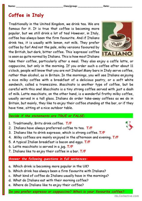 Coffee Vocabulary English, English Articles For Reading, English Topics For Speaking, Coffee In Italy, English Reading Skills, English Conversation For Kids, English Literature Notes, English Textbook, Esl Reading