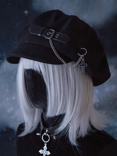 Add a touch of gothic charm to your look with this handmade PU buckle black beret featuring a chain. Made with high-quality materials, this beret is the perfect accessory for anyone looking to add a unique and edgy flair to their outfit. Elevate your style with this eye-catching gothic beret today!  Please note that this product includes the hat only. Goth Hat Outfit, Goth Hat, Black Beret Hat, Clothes Study, Beret Outfit, Goth Stuff, Steampunk Fashion Female, Accessories Goth, Black Beret