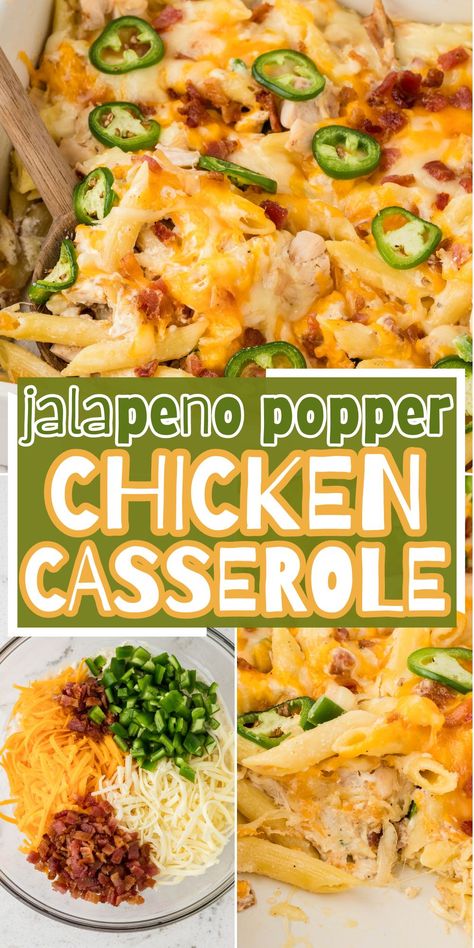 Jalapeno Popper Chicken Casserole recipe is an easy, one dish casserole with spicy jalapenos, three types of cheese, penne pasta, chunks of chicken, and bacon. Make it as spicy or as mild as your family prefers. Jalepeno Popper Crockpot Chicken, Jalapeño Popper Chicken Casserole Crockpot, Recipes With Pepperjack Cheese, Jalapeño Chicken Casserole, Quick And Easy Dinner Recipes With Canned Chicken, Jalepeno Chicken Bake, Jalapeno Poppers Casserole, Easy Meals For Groups, Chicken With Jalapenos