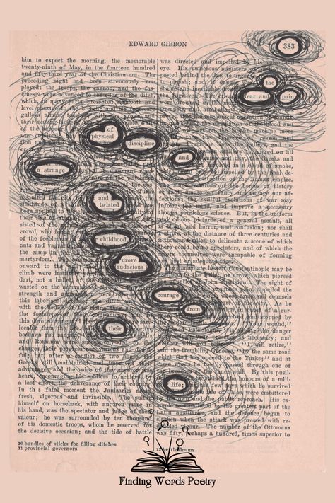 An old book page.  Certain words are circled in black marker.  Outside the circles are many more haphazard circles, evoking a sense of anxiety.  When read together, the words say, "The fear and pain of physical discipline and a strange and twisted childhood drove audacious courage from their life." Found Poem, Found Poetry, Blackout Poetry, Writing Community, Healing Journey, Japanese Art, Literature, Poetry, Physics