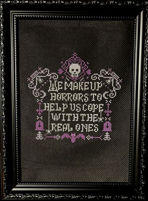 Stephen King Horror Quote Digital Cross Stitch Chart This chart is a great quick stitch for anyone who loves the King of Horror. This is a digital chart that comes with both a printable and Pattern Keeper compatible editions. Please note that you will not be sent a physical copy.  The pattern is charted with DMC and has full cross stitches and a small amount of back stitch for the spiders legs. There are no speciality stitches and is perfect for stitchers of all levels. The model stitch is on 14 Twin Peaks Primitives Cross Stitch, Stephen King Cross Stitch, Dark Cross Stitch, Inappropriate Cross Stitch, Horror Cross Stitch, Love Cross Stitch Pattern, Stephen King Quotes, Quote Cross Stitch, Cross Stitch Quotes