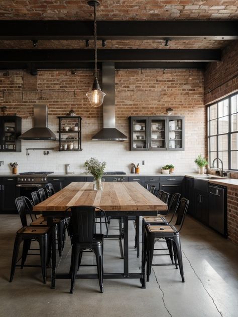 Revamp Your Dining Room: Bohemian-Inspired Ideas for Colorful, Eclectic, and Cozy Spaces | aulivin.com White Modern Kitchen Ideas, Industrial Farmhouse Kitchen, Dining Room Industrial, Loft Kitchen, Brick Kitchen, Kitchen Decor Apartment, Eclectic Kitchen, Scandinavian Kitchen, White Modern Kitchen