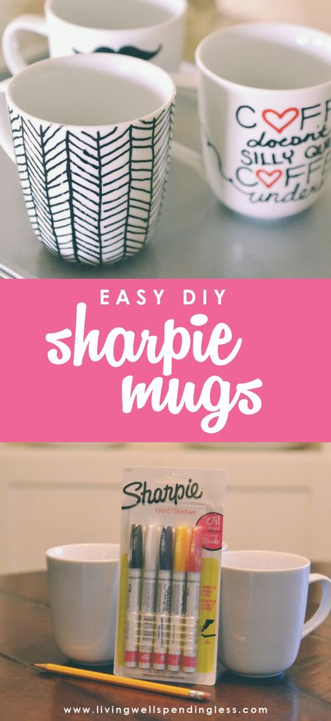 Diy Coffee Cups Sharpie, Diy Ceramic Mugs Sharpie, How To Write On Coffee Mugs Diy, How To Paint A Mug Diy, Sharpie On Mugs Diy, Decorate Mugs With Sharpies, Marker Mugs Diy Coffee Cups, Crafts With White Mugs, Painting Cups Diy Mugs