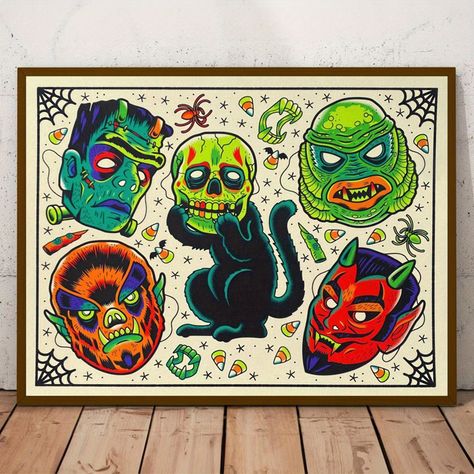 Masks Traditional, Flash Art Tattoos, Traditional Tattoo Flash Art, Masque Halloween, Art Flash, Mascaras Halloween, Traditional Tattoo Flash, Junk Art, Tattoo Flash Art