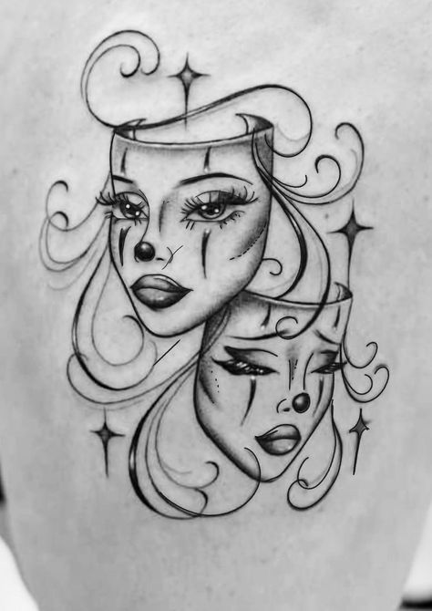 Tattoo Ideas For Hands Female, Hear No Evil Angel Tattoo, Clown Tattoos For Women, Cry Now Smile Later Tats, Female Mask Tattoo, Chicana Aesthetic Tattoos, Two Face Mask Tattoo, Laugh Now Cry Later Tats Feminine, Female Joker Tattoo