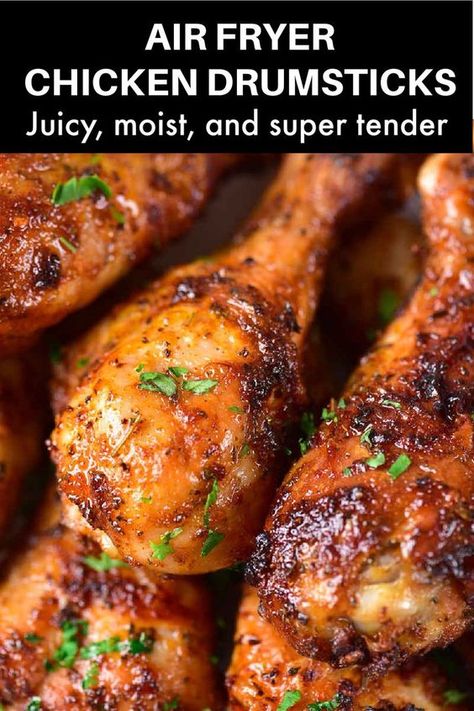 These air fryer chicken drumsticks works with chicken legs too, and take less than 14 minutes to cook! A secret ingredient guarantees the chicken is crispy on the outside and extra juicy every single time. Air Fryer Chicken Drummies, Crispy Drumstick Chicken Recipes Air Fryer, Air Fryer Baked Chicken Drumsticks, Easy Air Fryer Fried Chicken Drumsticks, Chicken Drumlets Air Fryer, Best Chicken Legs In Air Fryer, Chicken Drums In Air Fryer, Air Fryer Recipes Drumsticks, Air Fry Drumsticks Recipe