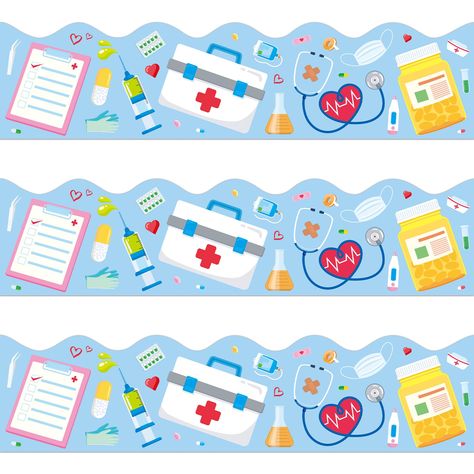 PRICES MAY VARY. 🚀 WHAT WILL YOU GET. 72pcs medical theme bulletin board borders for classroom decoration per pack, each piece measures 3" x 12", the total length is approx.72 feet. 🚀 MEDICAL THEME DESIGN. Designed with colorful medical supplies against blue background, unique and fun. Decorate your nurse classroom with these nurse bulletin board borders, add a vibrant touch. 🚀POPULAR MEDICAL DECORATION. Use nurse borders to liven up your health classroom! Create medical styles for health bul Medical Classroom Decor, School Nurse Decorations Offices, High School Nurse Office, Medical Bulletin Board Ideas, Nursing Education Board Ideas, Hospital Bulletin Board, School Clinic Ideas Nurse Office, Nursing Bulletin Board Ideas Hospital, Nursing Unit Bulletin Board Ideas