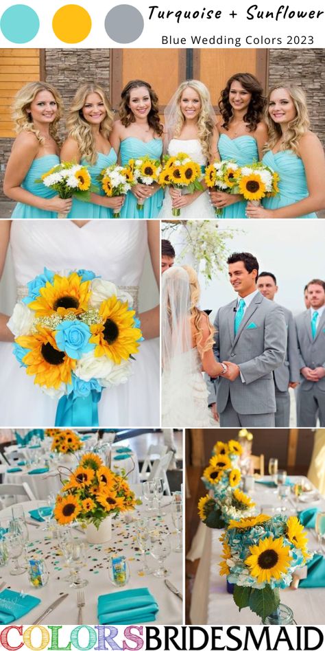 April Wedding Theme Ideas, Teal And Sunflower Wedding Centerpieces, Aqua And Yellow Wedding, Turquoise Sunflower Wedding, Sunflower Teal Wedding, Wedding Ideas Sunflowers Color Schemes, Yellow And Turquoise Wedding, May Wedding Colors Flowers, Fall Wedding With Turquoise