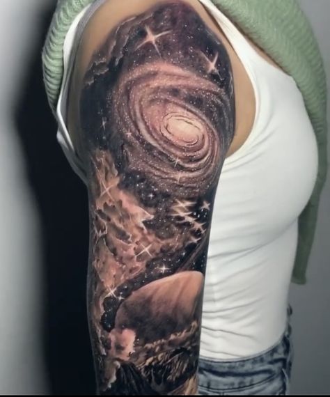 Milky Way Tattoo Black And White, Black And Gray Galaxy Tattoo, Cosmic Tattoo Sleeve, Spaced Out Sleeve Tattoo, Cool Space Tattoos, Star Sleeve Tattoo, Realistic Tattoo Ideas, Space Tattoo Ideas, Star Wars Tattoo Sleeve