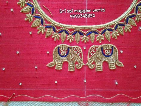 Elephant Blouse Designs, Elephant Embroidery Design Blouse, Elephant Work Blouse Designs, Elephant Maggam Work Designs, Boat Neck Blouse Design, Hand Work Design, Simple Hand Embroidery Patterns, Maggam Work Designs, Pattu Saree Blouse Designs