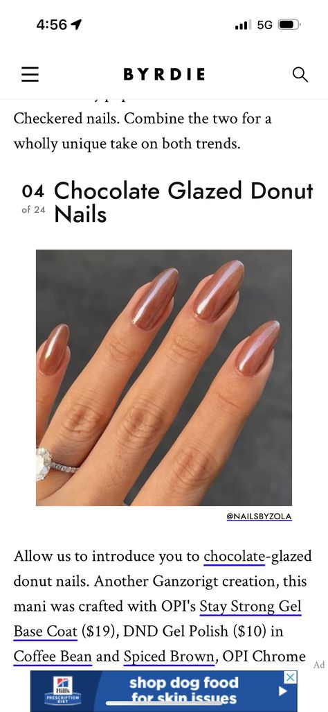 Caramel Glazed Donut Nails, Hailey Beiber Chocolate Glaze Nails, How To Chocolate Glazed Nails, Dnd Glazed Donut Nails, Chocolate Brown Glazed Nails, Chocolate Brown Dip Powder Nails, Choc Glazed Donut Nails, Chrome Nails Tan Skin, Brown Sheer Nails