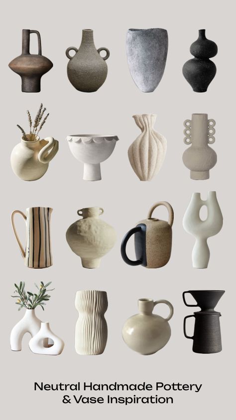 Neutral Handmade Pottery and Vase Inspiration for a Minimalist, Japandi Home #pottery #potteryideas #vase #vases #minimalistdecor #minimaldecor #japandi #quietluxury #quietluxuryaesthetic Japandi Materials, Vase Inspiration, Minimalist Japandi, Japandi Home Decor, Home Pottery, Japandi Home, Retail Jewelry, Japandi Style, Mood Board Inspiration