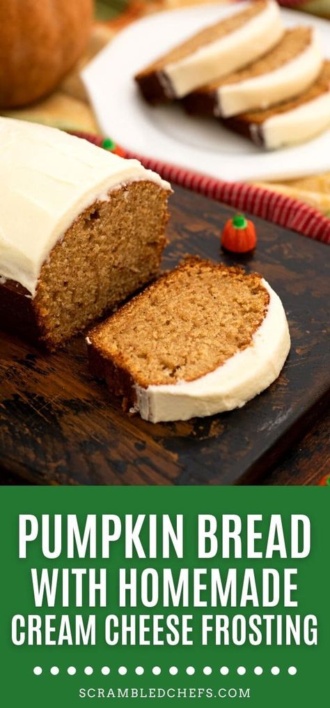 Pumpkin Bread Recipe Cream Cheese Frosting, Pumpkin Bread Recipe With Icing, Homemade Pumpkin Bread With Real Pumpkin, Pumpkin Bread From Fresh Pumpkin, Cream Cheese Frosting Pumpkin Bread, Frosted Pumpkin Bread, Pumpkin Bread Recipe With Real Pumpkin, Iced Pumpkin Bread, Pumpkin Bread With Fresh Pumpkin