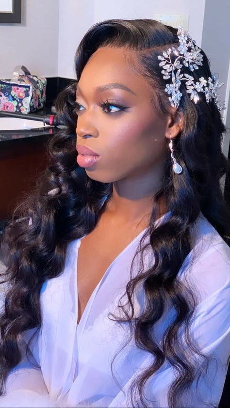 Wedding Hairstyles For Black Women Long Hair Lace Front Wigs, Long Hair Wedding Styles Black Women, Body Waves Wedding Hair, Sew In For Wedding, Elegant Wedding Hairstyles Black Women, Wedding Hair Black Women Long Hairstyles, Side Part Bridal Hair Black Women, Wedding Weave Hairstyles For Black Women, Side Part Wedding Hairstyles Black Women