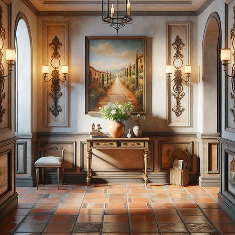 In the middle, there should be a wooden console table adorned with a ceramic vase holding fresh flowers. On the wall above the console table, a large, antique mirror should reflect the length of the hallway. There's a series of framed artwork presenting picturesque Italian landscapes further enhancing the warm and inviting atmosphere. This scene will serve as inspiration for a remodel. Old World Entryway, Hallway Decor Ideas, Antique Console Table, Home Entryway, Vintage Hallway, Hallway Design, Hallway Decor, Terracotta Tiles, Classic Paintings