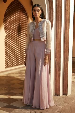 Mumbai Dressing Style, Indian Jumpsuit Outfit With Jacket, Sharara Fashion Illustration, Diwali Wear For Women, Western Dhoti Outfits, Outfit For Friends Wedding Indian, Dhoti Style Skirt, Fusion Wear Indian Western, Dress For Diwali Festival