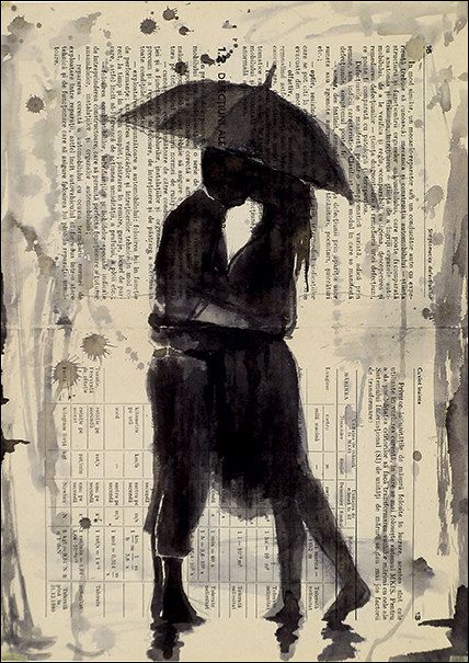 Ink Art Illustration Love, Couples Poster, Kissing In The Rain, Original Ink Drawing, Collage Mixed Media, Red Umbrella, Desen Anime, Love Rain, European Paintings