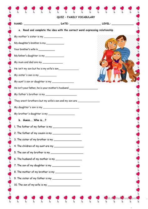 Family Vocabulary Quiz - English ESL Worksheets Esl Family Vocabulary Worksheets, Relationship Vocabulary Worksheet, Family Vocabulary English, Family Riddles, English Language Learning Activities, Family Quiz, Feelings Faces, English Quiz, Vocabulary Exercises