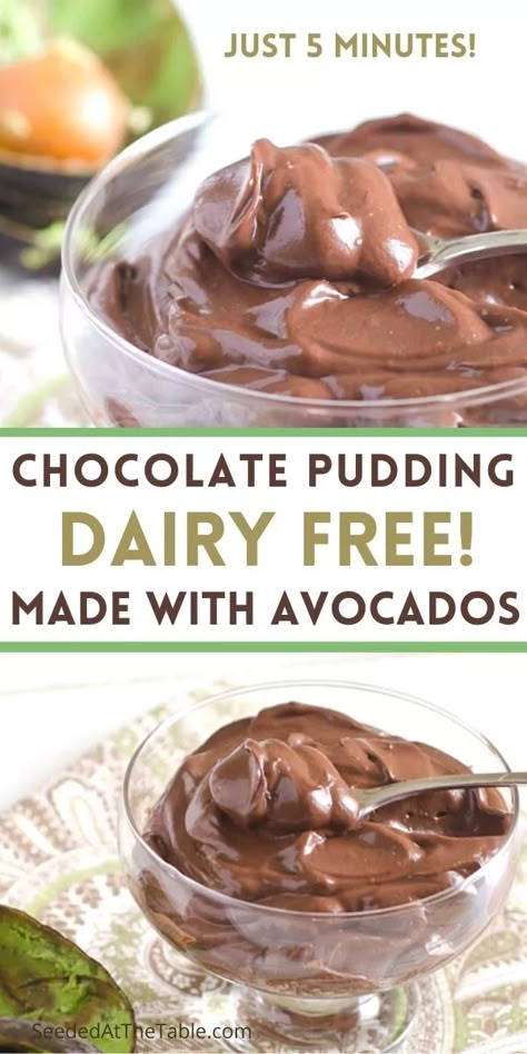 This avocado chocolate pudding is healthy and can be dairy free!  Just 5 ingredients and 5 minutes to whip up this thick and creamy avocado pudding.  A delicious paleo, gluten free, vegan and dairy free dessert! Advocare Dessert Recipes, Avocado Moose, Avocado Pudding Chocolate, Avacado Chocolate Pudding, Avocado Recipes Dessert, Eating Avocado, Aip Keto, Chocolate Avocado Mousse, Natural Desserts