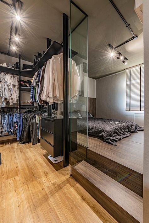 No Space for a Walk-in? Go for a Capsule Wardrobe Instead | Qanvast Small Bedroom With Walking Closet, Contemporary Walk In Wardrobe, Walk In Closet Small Bedroom, Walk In Wardrobe Behind Bed, Bedroom Walk In Closet Ideas, Walk In Wardrobe Bedroom, Boutique Wardrobe, Wardrobe Behind Bed, Walkin Closets Design