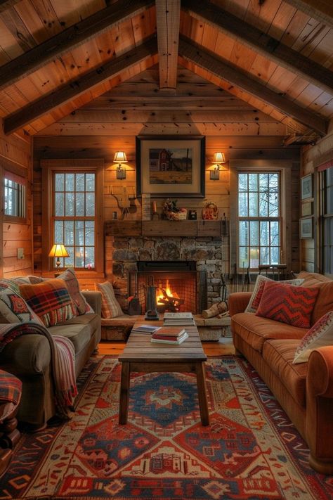 29 Small Cabin Interior Ideas for Cozy and Stylish Living 28 Inside Cabins Interiors, Wood House Inside, Adirondack Cabin Interior, Colorful Cabin Interior, Cabin Style Homes Interior, Cabin Cottage Interior, Small Cottage Renovation, Cabin In The Woods Interior, Small Rustic Living Room