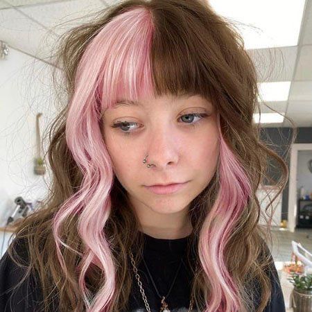 Brown And Pink Split Hair Dye, Asymmetrical Split Dye Hair, Asymmetrical Dyed Hair, Split Dyed Hair Pastel, Split Peekaboo Hair, Split Dye Front Strands, Quadrant Dyed Hair, Coloured Bangs Hair, Blonde Hair With Color Block