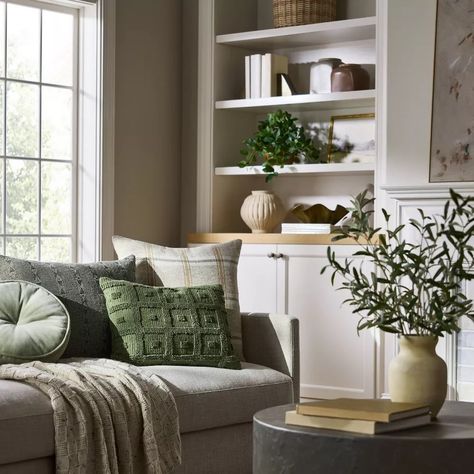 The Best Home Decor At Target Right Now - Emily Henderson Dark Gray Couch Green Pillows, Gray Couch With Green Pillows, Green And Neutral Home Decor, Grey Couch Green Accents, Dark Couch Decor, Green Accent Living Room Decor, Mcgee Target, Living Room Pillow, Oak Console Table