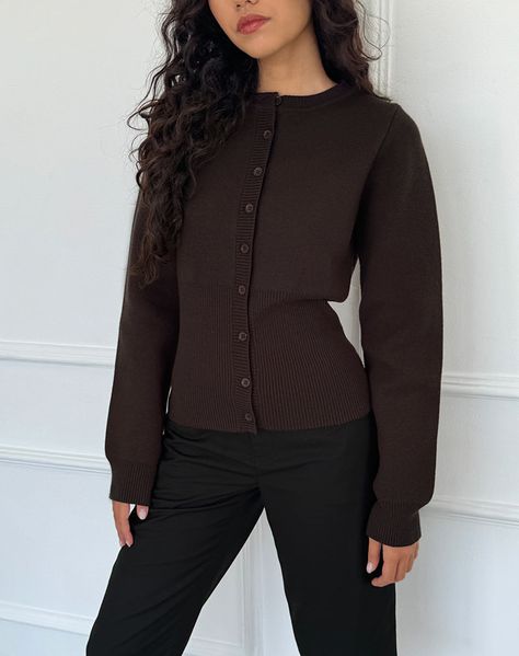 It's knit season. The Subra cardigan features in a bitter chocolate with long sleeves and button front detail. Complete with a ribbed hem. complete the look with our Tuni capri's. MODEL WEARS SIZE:EXTRA SMALL - MODEL HEIGHT:5'7 Brown Knit Outfit, Button Up Long Sleeve Outfit, Knit Cardigan Outfits, Brown Pants Outfit For Work, Uni Wardrobe, Chocolate Outfit, Brown Cardigan Outfit, Comfy Work Outfit, Collage Outfits