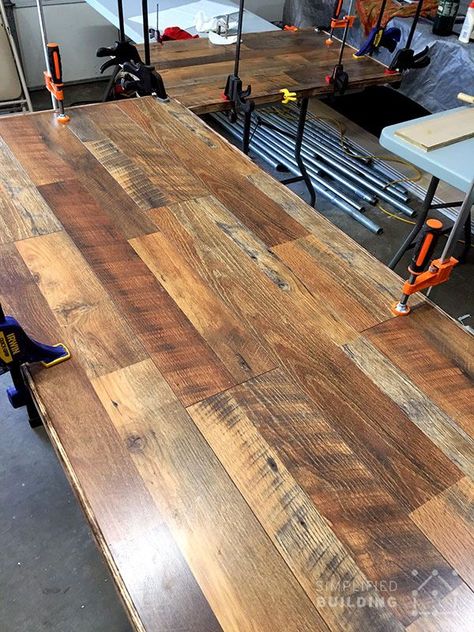 Grey Laminate Flooring Kitchen, Table Top Redo, Rustic Kitchen Tables, Plywood Table, Plank Table, Laminate Table Top, Grey Wood Floors, Diy Table Top, Wood Floor Kitchen