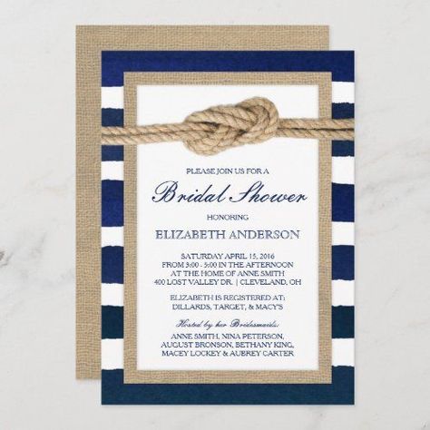 $2.92 | Nautical Knot Navy Stripes Rustic Bridal Shower #bridal shower, nautical bridal shower, navy and white bridal shower, rustic nautical bridal shower, navy and white stripes, watercolor stripes, sailor's knot, rope knot, nautical rope bridal shower, rustic nautical Nautical Bridal Shower, Striped Wedding Invitations, Nautical Bridal Showers, Nautical Wedding Invitations, Weddings Idea, Nautical Wedding Theme, Rustic Bridal Shower Invitations, Nautical Knots, White Bridal Shower