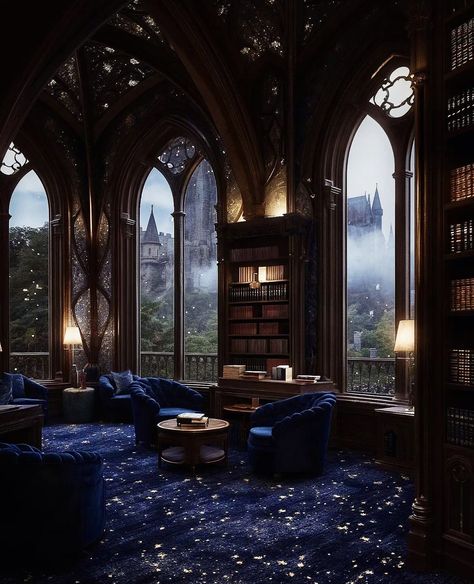 Hogwarts Room Aesthetic, Ravenclaw Bedroom Ideas, Ravenclaw Room Ideas, Ravenclaw Bedroom, Ravenclaw Room, Hogwarts Common Rooms, Hogwarts Interior, Hogwarts Room, Hogwarts Ravenclaw