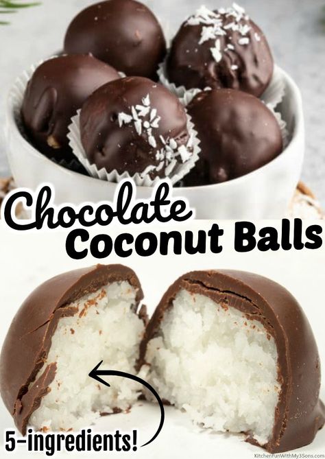 Chocolate Coconut Balls are one of our favorite no-bake holiday treats. A sweet, moist, coconut center, covered in a chocolate coating with only 5-ingredients! These are so Easy to make and always a huge hit with everyone. Chocolate Coconut Recipes, Chocolate Coconut Balls No Bake, Chocolate Covered Balls, Christmas Chocolate Balls, Coconut Candy Balls, Coconut Chocolate Balls Recipe, Coconut Balls Dipped In Chocolate, Chocolate Balls No Bake, Chocolate Coconut Desserts