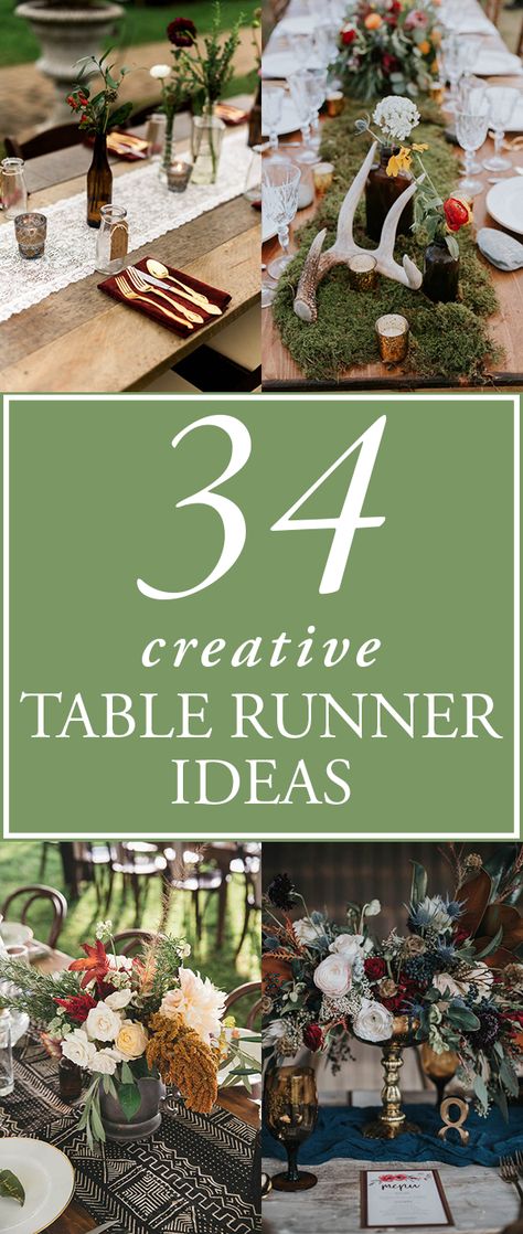 creative table runner ideas Boho Long Table Decor, Moss Runner Table, Creative Table Runner Ideas, Farmtable Tablescape Wedding, Cheap Table Runner Ideas, Floral Table Runners Wedding, Long Table Decorations, Cheap Table Decorations, Wedding Shower Tables