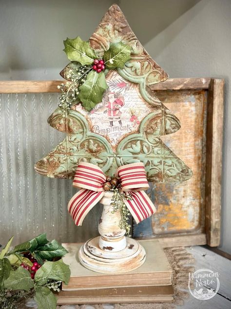 Tin Ceiling Tile Christmas Tree, Dollar Tree Crafts To Make And Sell, Christmas Crates, Hammons Nest, Vintage Christmas Diy, Dollar Tree Crafts Diy, Faux Tin, Christmas Craft Fair, Tin Tiles