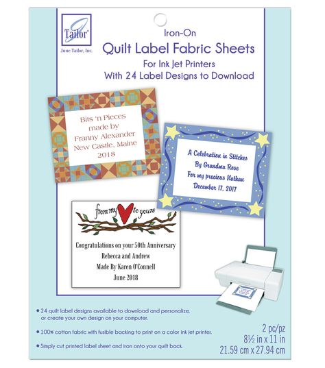 Make personalized quilt labels using the June Tailor Iron - on Quilt Label Fabric Sheets You can print these sheets directly onto a fusible fabric using a computer and a color inkjet printer This pack includes two 85 x 11 - inch cotton fabric sheets and 24 quilt label designsBrand: June TailorIncludes two sheets & 24 quilt label designs to downloadDimensions: 85 x 11 inches (Sheet)Content: 100% CottonFusible & Iron - on backingMade in USAWarning: This product can expose you to chemicals including Formaldehyde (gas), which is known to the State of California to cause cancer & Methyl Alcohol, which is known to the State of California to cause birth defects or other reproductive harm Personalized Quilt Labels, Fabric Sheets, Sewing Labels, Quilts Decor, Quilt Labels, Creative Arts And Crafts, Personalized Quilt, Fabric Labels, Heart Quilt