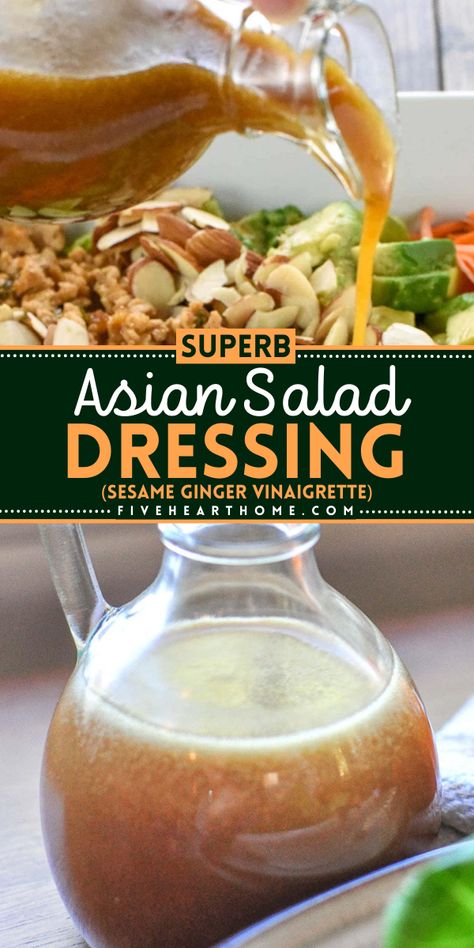 The BEST Asian salad dressing recipe! This easy summer condiment will become one of your favorites. Perfectly salty, nutty, tangy, and sweet, this sesame ginger vinaigrette is superb! Try this simple summer salad dressing! Asian Noodle Salad With Sesame Dressing, Simple Asian Salad Dressing, Sesame Ginger Sauce Recipe, Favorite Salad Dressing Recipes, Asian Ginger Dressing Recipes, Sweet Asian Dressing, Asian Style Salad Dressing, Asian Style Dressing, Asian Salad Dressing Healthy