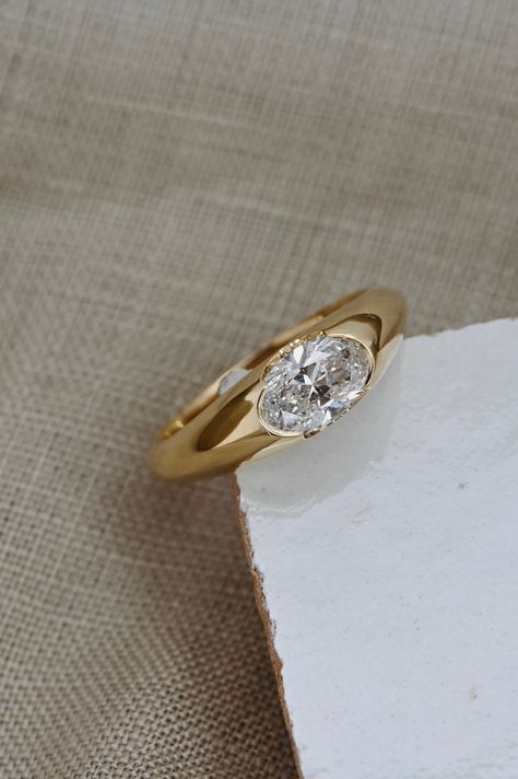 Inset Wedding Rings, Heirloom Jewelry Ideas, Unique Minimal Engagement Rings, Unique Engagement Rings Bezel, Low Profile Bezel Engagement Ring, Dome Engagement Ring, Chunky Bezel Engagement Ring, Horizontal Wedding Ring, Coloured Diamond Engagement Ring