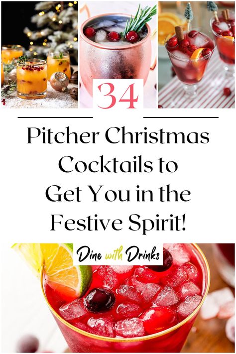 Collage of 4 pitcher christmas cocktails. Xmas Party Drinks Alcohol, Holiday Drink Bar Ideas, Winter Cocktail Pitcher Recipe, Easy Christmas Party Drinks, Red Christmas Cocktails Holiday Drinks, Christmas Brunch Cocktails Drinks, Holiday Cocktails By The Pitcher, Christmas Drink Pitcher, Bulk Christmas Cocktail