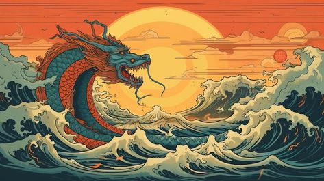 Photo a dragon in the water | Premium Photo #Freepik #photo #drawing #illustration-art #cartoon-drawing #dragon-illustration Fantasy Dragon Art, Drawing Dragon, Chinese Dragon Art, Red Dragon Tattoo, Alice In Wonderland Poster, Scream Art, Dragon Rouge, Photo Drawing, Japanese Woodcut