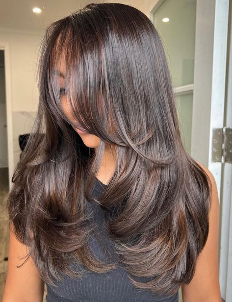 Different Styles Of Layered Hair, Medium Long Haircut With Layers Waves, Blowouts On Medium Hair, Rounded Long Layers With Face Framing Pieces, Haïr Cut Thick Medium Hair, Butterfly Haircut Dark Brown Hair, Mid Length With Long Layers, Layered Hair Extensions Before And After, Layers And Angles Medium Hair