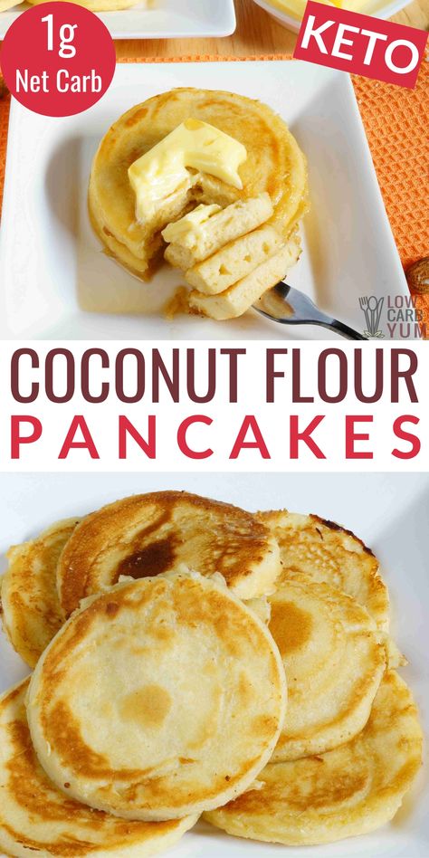 This easy recipe for fluffy gluten-free pancakes is a tasty breakfast treat. Fluffy Coconut Flour Keto Pancakes, Keto Pancakes Easy, Keto Fluffy Pancakes, Keto Pancake Mix Recipe, Keto Egg Fast Recipes, Fluffy Keto Pancakes, Coconut Flour Pancakes Recipe, Paleo Breakfast Easy, Coconut Flour Pancakes