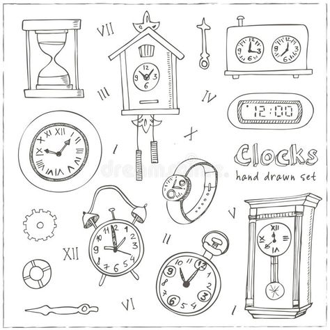 Alarm Clock Doodle, Clock Illustration Design, Symbols Of Time, Clocks Drawing, Clock Doodle, Camping Doodles, Clock Sketch, Wall Clock Drawing, Watch Illustration