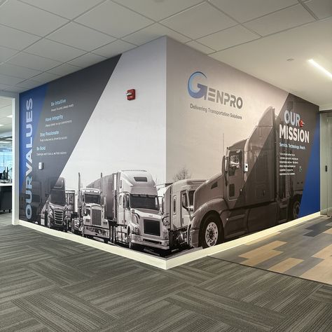 Custom graphic wall covering for office & workplace design Coastal Millwork, Corporate Office Artwork, Transportation Graphic Design, Conference Room Wall Design, Google Office Design, Corporate Office Wall Graphics, Office Wall Branding, Office Branding Wall, Office Mural Design