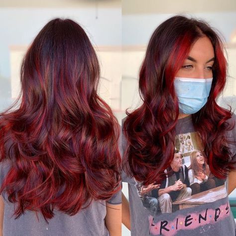 Bright Burgundy Red Highlights and Money Pieces Burgundy Hair Colors, Burgundy Hairstyles, Burgundy Hair With Highlights, Deep Burgundy Hair, Burgundy Red Hair, Dark Burgundy Hair, Burgundy Hair Dye, Red Money, Deep Red Hair