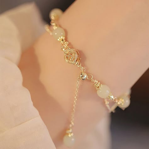 Mist Rose Hetian Jade Bracelet Quinceanera Bracelet Gold, Light Gold Jewelry, Rose Gold Jewelry Aesthetic, Fairy Core Jewelry, Light Bracelet, Rose Gold Jewellery, Aesthetic Jewellery, Jewellery Bracelets, Latest Bracelets