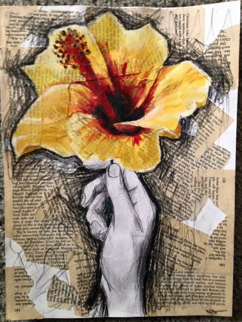 Multimedia Hawaiian flower, hand drawing pencil, acrylic paint, charcoal, old book pages, pretty painting, Natural Forms Gcse Flowers, Flower Final Piece Art, Flower Artists Gcse, Flowers Gcse Art, Natural Forms Gcse Final Piece, Nature Artists Gcse, Natural Forms Title Page Gcse, Natural Forms Mood Board, Natural World Art Gcse